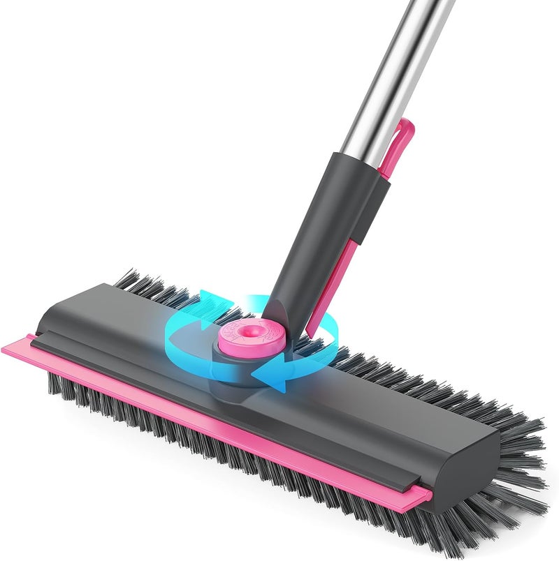 HelpX Floor Scrub Brush with Long Handle, 3 in 1 Multi-angle Swivel Right Angled Bristle Floor Scrubber Brush with Squeegee and Tweezer for Tile Wall Deck Bathroom Patio Garage Kitchen (Pink and Grey) - Image 1